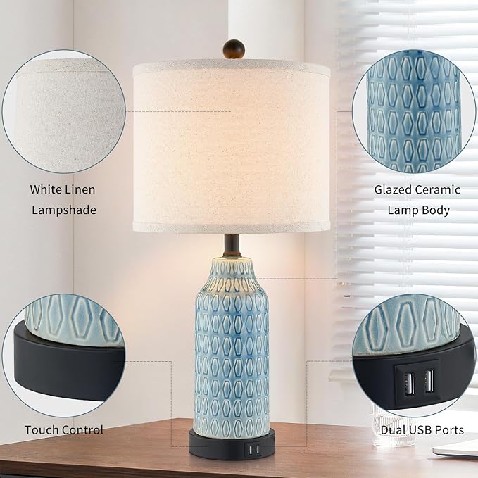 Ceramic Table Lamps for Bedroom Set of 2,Touch Lamp with USB Ports for Nightstand, 3-Way Dimmable Blue Coastal Bedside Lamps for Bedroom Living Room End Table Side Table(Bulbs Included)