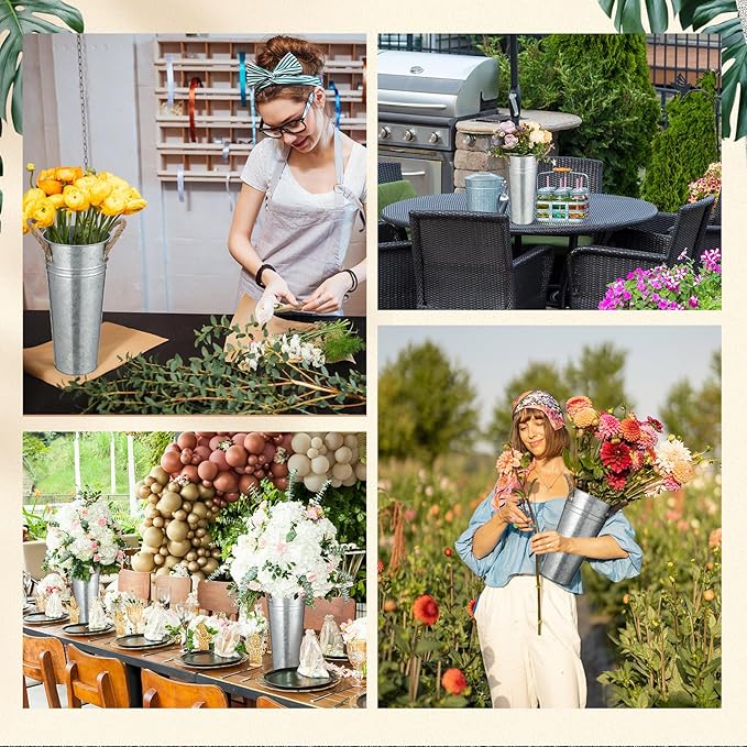 Bokon 32 Pack 9 Inch Flower Bucket Bulk, Galvanized Metal Vases, Rustic Vintage Flower Vases with Handles, Tall Farmhouse Planter Pails Buckets for Wedding Centerpieces, Party Decoration, DIY Craft