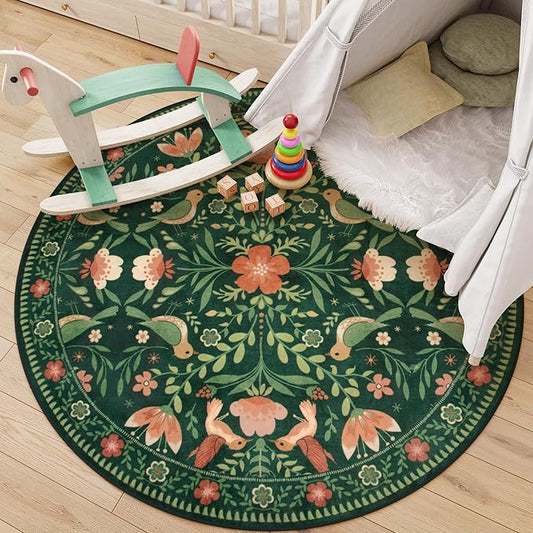 Moynesa Floral Bird Round Rug 6ft Washable Circle Rug Non Slip,Modern Cottage Green Area Rugs for Bedroom Reading Coner,Farmhouse Living Dining Room Aesthetic Carpet Vintage Home Decor
