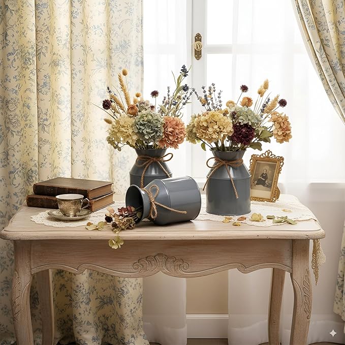 Domensi 5.12 Inch Farmhouse Metal Flower Vase Decor Rustic Galvanized Milk Can Jug Vase with Bow Flower Buckets for Table Centerpiece Fall Halloween Wedding Home Dinging Room Decor(Gray,6 Pcs)