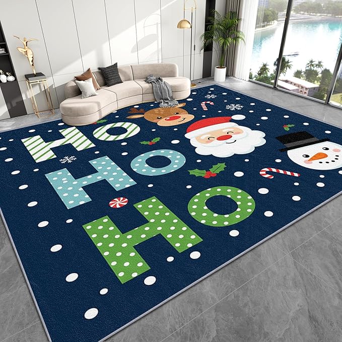 Christmas Rug Kids Room - 7x9 Rug, Hohoho Living Room Rugs, Christmas Bedroom Rugs, Santa Snowman Reindeer Carpet, Cartoon Xmas Kids Girls Boys Home Decor & Gifts