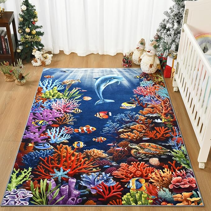 Amearea Soft Kids Rugs for Toddler Bedroom Playroom Classroom, Colorful Sea World 6x9 Area Rug, Non-Slip Washable Play Mat Nursery Rug, Fish Coral Reef Ocean Theme Carpet for Boy Girl Room Decor, Blue