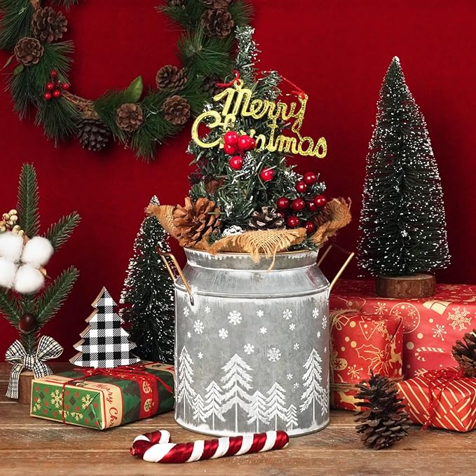 Putuo Decor Large Metal Milk Can with White Winter Forest Snowflake Design Rustic Farmhouse Holiday Vase with Gold Handles Vintage Christmas Décor for Festive Centerpieces Home Accents (Silver Grey)