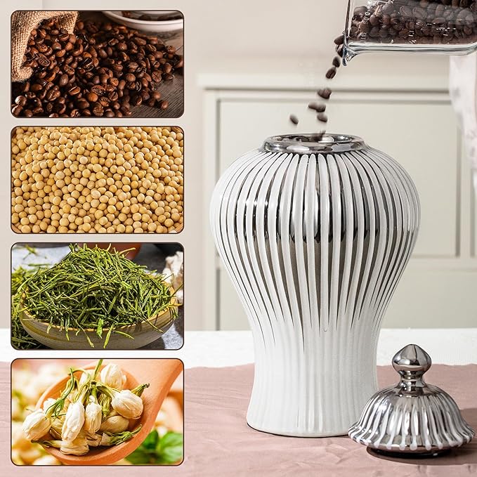 Ginger Jars for Home Decor, Ceramic Ginger Jar with Lid Modern Handmade White and Silvery, Modern Decorative Vase for Kitchen, Bookshelf Decor, Storage jar, Table Center Vase, Temple Jar(9in)