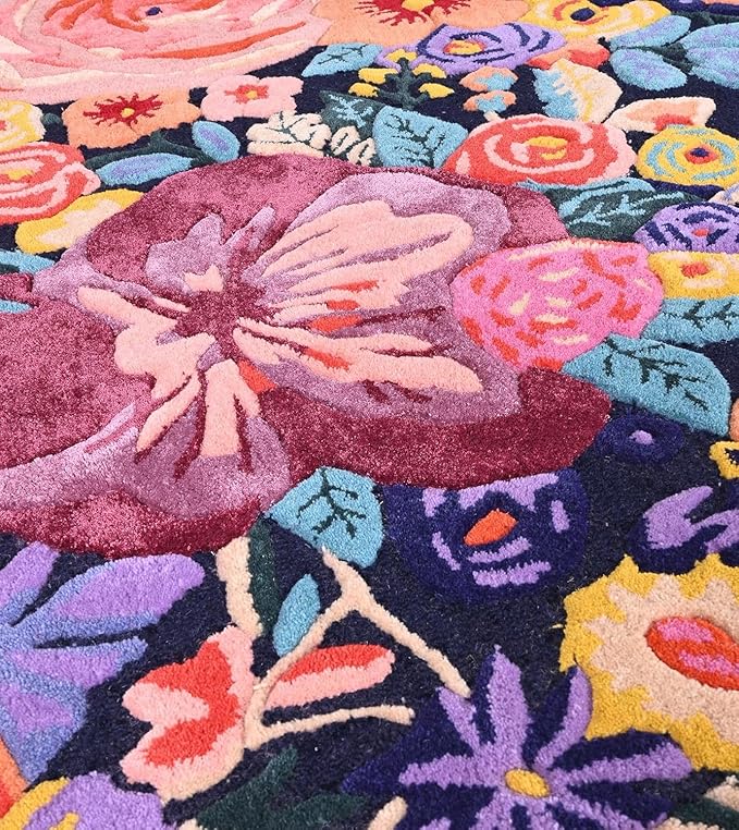 Handmade Irregular Floral Wool Area Rug Vibrant Multicoloured Garden Flower Design Soft Plush Durable Thick Carpet for Living Room Bedroom (Navy, 7 x 10 feet, Feet)