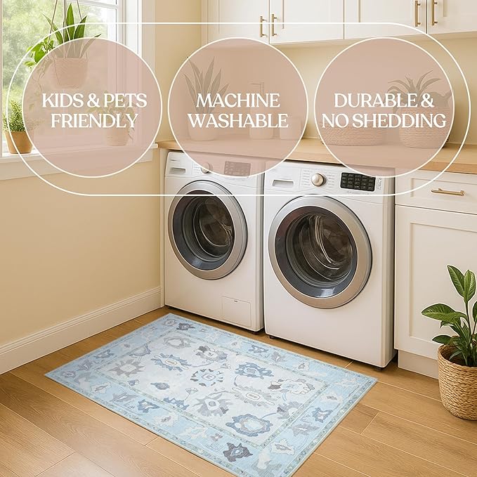 Fame Living Cream Blue Oushak Rug, Modern, Vintage, Turkish, Eclectic, Floral, Pastel, Washable, Area Rugs for Living Room, Dining, Bedroom, Nursery, Girls, Boys, 5'9"x8'9"