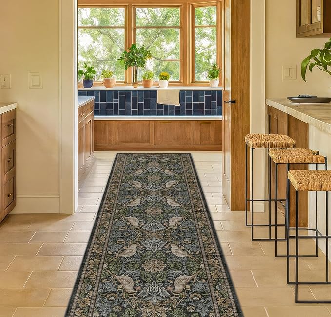 Floral Kitchen Runners - 2x7 Long Runner Rug for Hallway Bathroom Laundry Room Bedroom Beside Bed Entryway, Boho Birds Leaves Patterned Non Slip Low Pile Washable Rugs