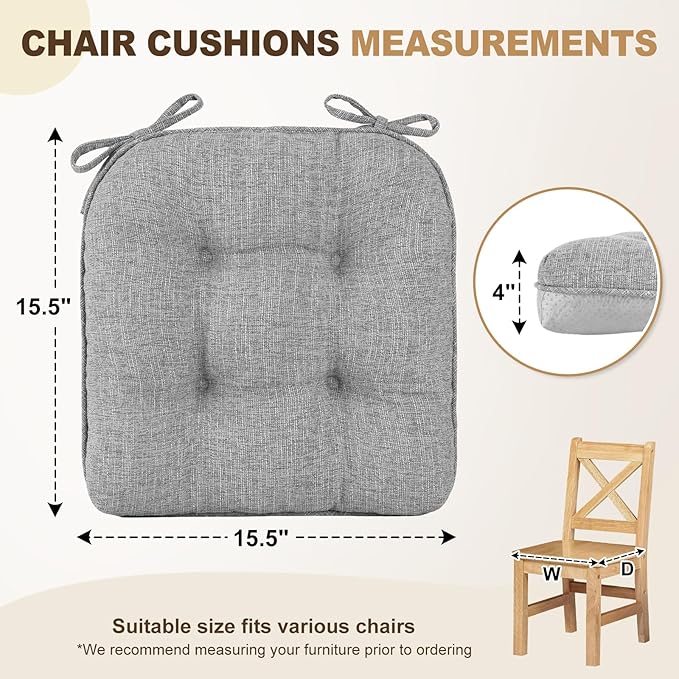 downluxe Indoor Chair Cushions for Dining Chairs, Tufted Overstuffed Textured Memory Foam Kitchen Chair Pads with Ties and Non-Slip Backing, 15.5" x 15.5" x 4", Light Grey, 4 Pack