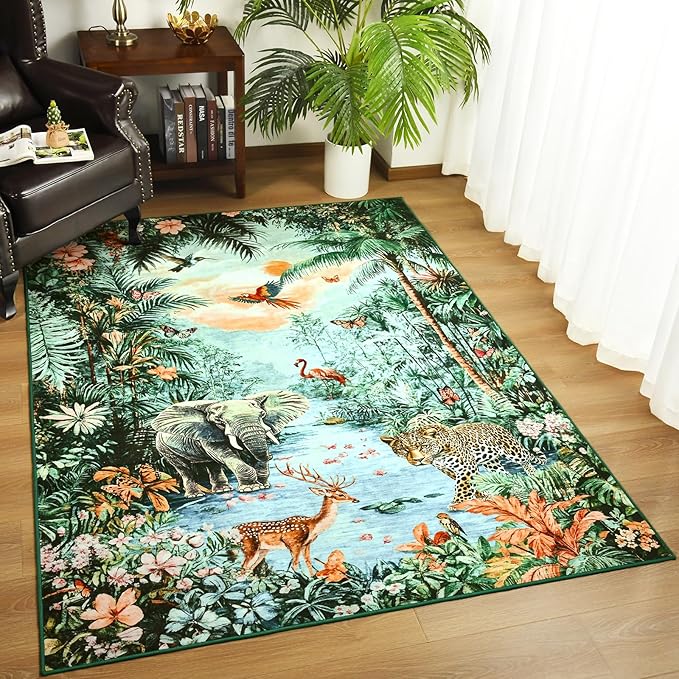 Amearea Jungle Print Small Area Rug for Living Room, Soft 3x5 Feet Washable Green Rugs for Bedroom, Forest Animal Rug Low Pile Kids Nursery Room Rug Carpet for Boys Girls Playroom Nursery Office Decor