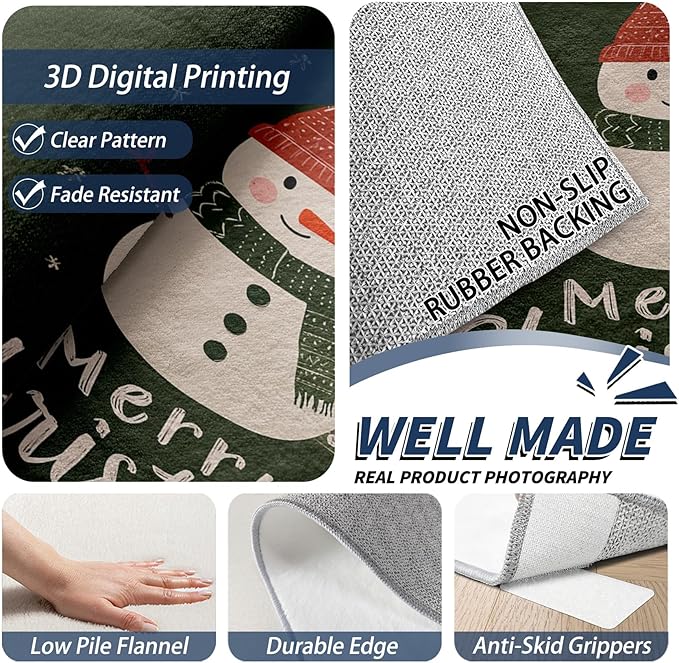 Kids Christmas Area Rug, 8x10 Rug for Bedroom, Snowman Xmas Tree Snowflake Washable Rugs for Living Room, Non Slip Soft Low Pile Stain Resistant Carpet, Christmas Holiday Room Decor