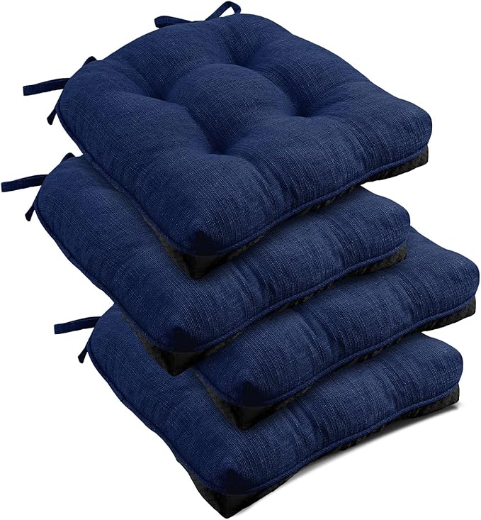 downluxe Indoor Chair Cushions for Dining Chairs, Tufted Overstuffed Textured Foam Kitchen Chair Pads with Ties and Non-Slip Backing, 15.5" x 15.5" x 4", Royal Blue, 4 Pack