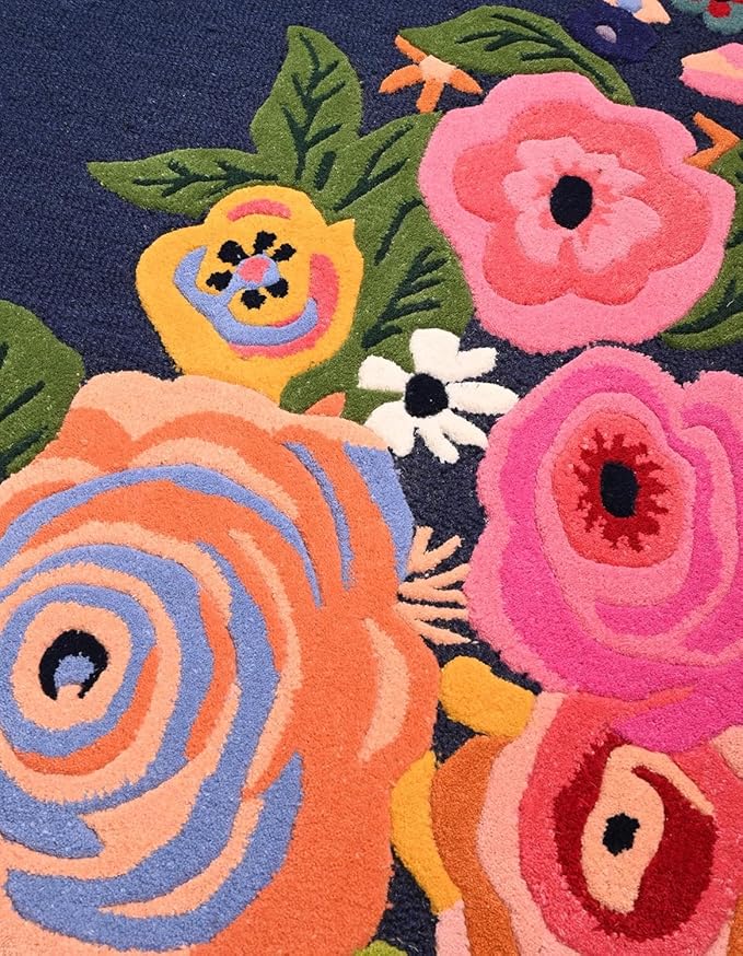 Handmade Irregular Floral Wool Area Rug Vibrant Multicoloured Garden Flower Design Soft Plush Durable Thick Carpet for Living Room Bedroom (Navy Blue, 8 x 11 feet, Feet)