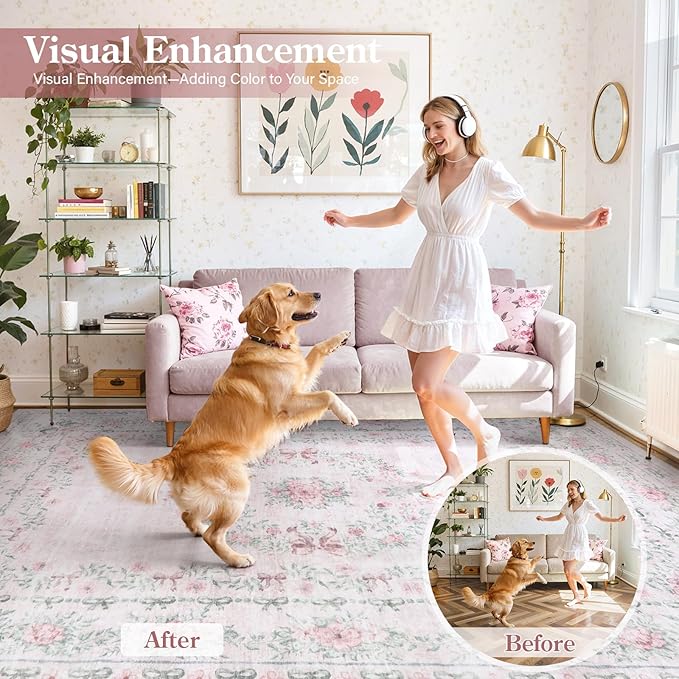 Wonnitar Pink Washable Round Rugs 6ft, Bow Round Area Rug for Bedroom, Ultra-Thin Non Slip Soft Boho Floral Circle Carpet for Teen Girl Room Kids Nursery Living Room Decor, Light Pink