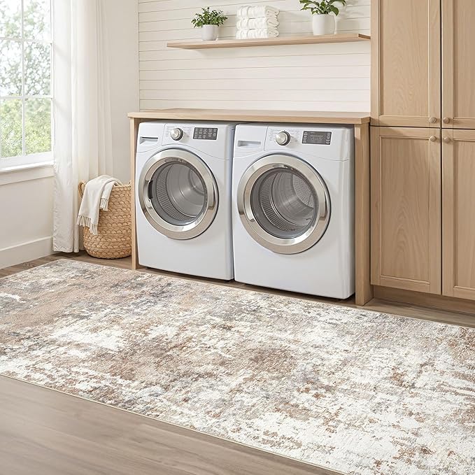 Runner Rug Kitchen Washable Rugs: 2x6 Non-Slip Abstract Soft Modern Stain Resistant Indoor Floor Neutral Accent Throw Carpet for Hallway Bathroom Laundry Room Entryway Bedroom- Brown