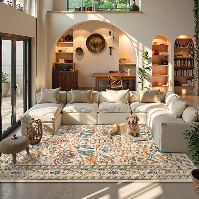 OJIA 8x10 Area Rugs for Living Room Bedroom Large Washable Rugs, Thin Boho Beige Nursery Rug Non-Shedding Kids Playroom Rug Floral Stain Resistant Large Carpet Accent Rugs for Dining Farmhouse