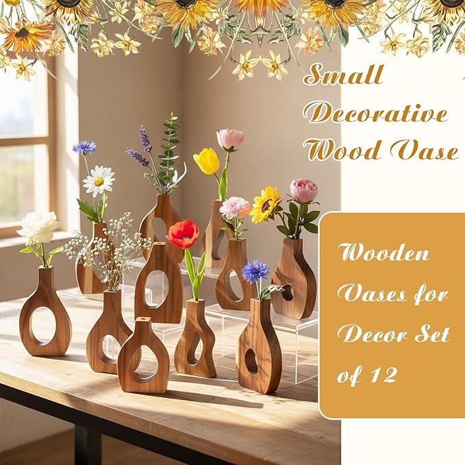 Blulu Set of 12 Small Wooden Vases for Centerpiece Decor Mini Wood Vase for Faux Flowers Plants Modern Scandinavian Home Decor for Kitchen Table Living Room