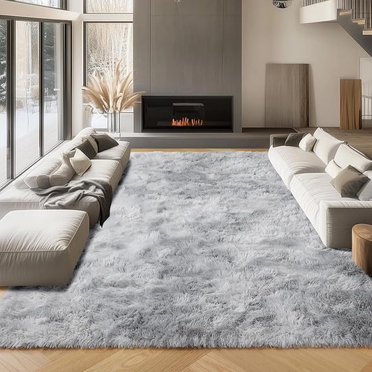 ONASAR Area Rugs 9x12 Living Room, Tie-Dyed Light Grey Large Fluffy Bedroom Rug, Washable Soft Plush Thick Shaggy Big Floor Carpet for Kids Boy Girls Teen Dorm Nursery Indoor Home Decor Aesthetic