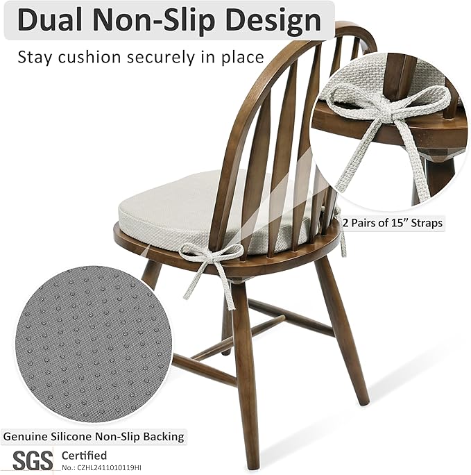 Shinnwa Dining Chair Cushions Set of 2, High-Resilience Foam Windsor Seat Pads, Kitchen Chair Cushions with Ties & Textured Cover, 2 Pack, 16.5 x 15.5 x 2, Off White