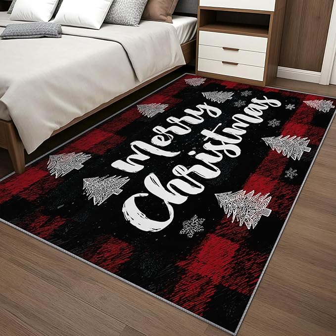 Christmas Area Rug, 5x7 Rug for Bedroom, Xmas Tree Snowflake Holiday Washable Rugs for Living Room, Non Slip Soft Low Pile Stain Resistant Carpet, Merry Christmas Room Decor