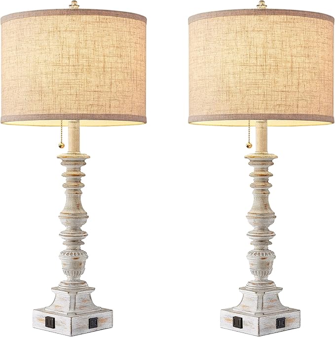 Set of 2 Farmhouse Table Lamps for Living Room, 29.5" Inch Tall Rustic Bedrooms Nightstand Table Lamp with USB-C & USB-A Charging + AC Outlet, Pull Chain Bedside Lamp for End Table, Antique White