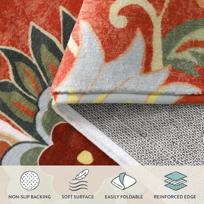 Lahome Red Floral 3 ft Round Rug, Washable Christmas Round Area Rugs Small Non Slip Entryway Mat, Throw Circle Vintage Distressed Door Mat Soft Floor Carpet for Bedroom Living Room Kitchen Office