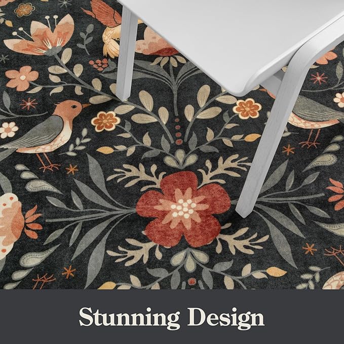 Moynesa Floral Bird Round Rug 6ft Washable Circle Rug Non Slip,Modern Transitional Black Area Rugs for Bedroom Reading Coner,Farmhouse Living Dining Room Aesthetic Carpet Folk Art Home Decor