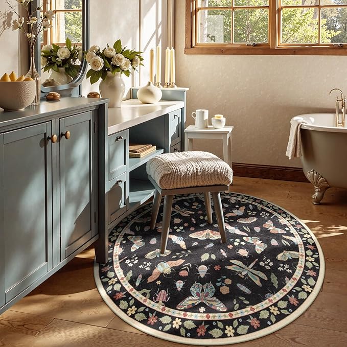 Lahome Insect Washable Round Rugs, Non-Slip Soft Round Rug 4ft Ultra-Thin, Small Boho Circle Carpet for Entryway Kitchen Bedroom Nursery Bathroom, Black