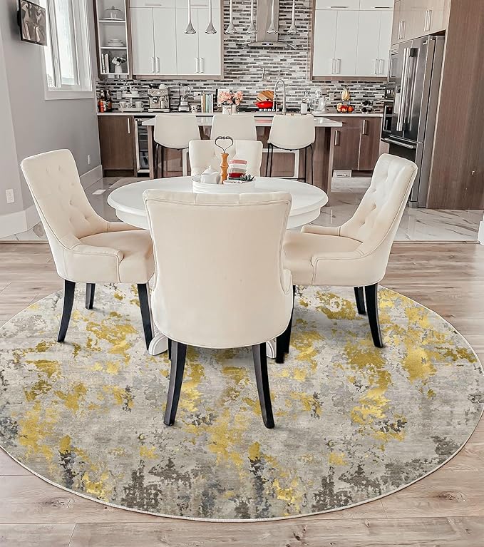 vivorug Round Rug 5ft Abstract Round Area Rug Non-Slip Indoor Carpet for Living Room Bedroom Entryway, Stain Resistant Home Decor Circle Rug, Grey/Mustard