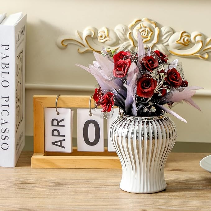 Ginger Jars for Home Decor, Ceramic Ginger Jar with Lid Modern Handmade White and Silvery, Modern Decorative Vase for Kitchen, Bookshelf Decor, Storage jar, Table Center Vase, Temple Jar(9in)