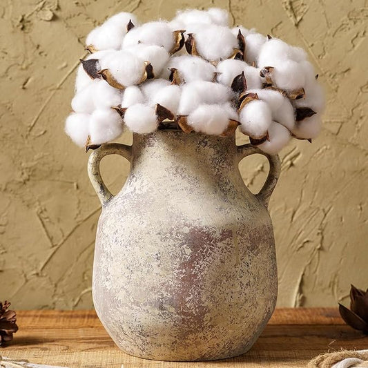 Rustic Ceramic Farmhouse Flower Round Vase with 2 Handles, Vintage Terra Cotta Vases, Decorative Pottery Ceramic Stone Vase for Home Decor, Living Room, Table, Shelf Decor, Mantel, 7.7 Inch