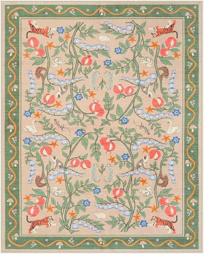 OJIA Washable Rugs 8x10, Soft Floral 8x10 Area Rugs for Living Room, Animal Non-Slip Bedroom Rug Ultra-Thin Boho Large Carpet for Nursery Dining Room Office Kids Playroom, Green