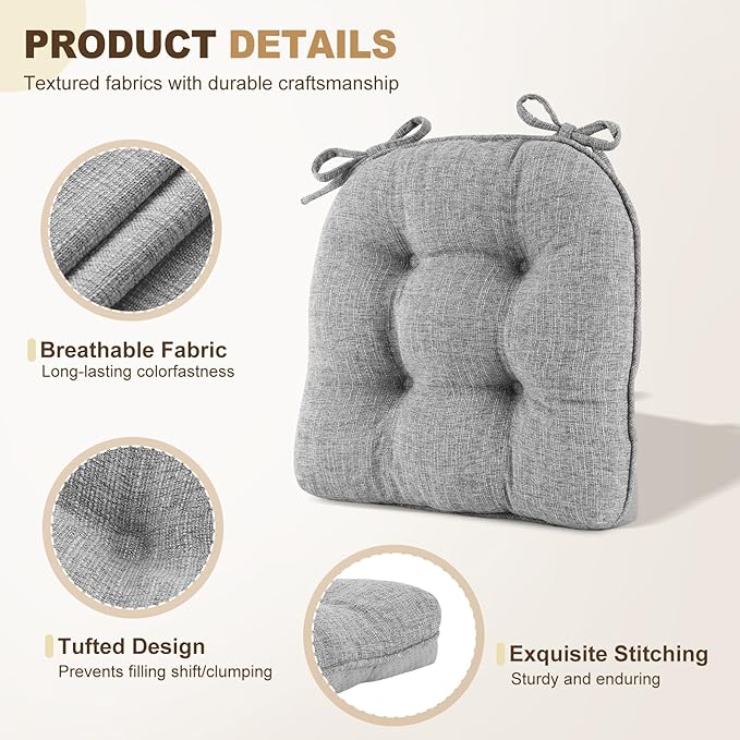 downluxe Indoor Chair Cushions for Dining Chairs, Tufted Overstuffed Textured Memory Foam Kitchen Chair Pads with Ties and Non-Slip Backing, 15.5" x 15.5" x 4", Light Grey, 4 Pack