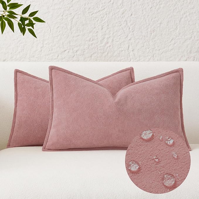Kevin Textile Waterproof Decorative Pillow Covers Plush Pink 12x20 Inch Pack of 2 Soft Boucle Textured Lumbars Cushions Elegant Accent Pillows for Couch Sofa Chair Bed Home Decor Indoor Outdoor