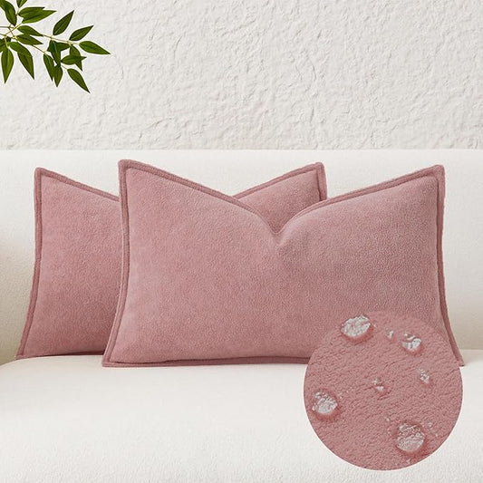 Kevin Textile Waterproof Decorative Pillow Covers Plush Pink 12x20 Inch Pack of 2 Soft Boucle Textured Lumbars Cushions Elegant Accent Pillows for Couch Sofa Chair Bed Home Decor Indoor Outdoor