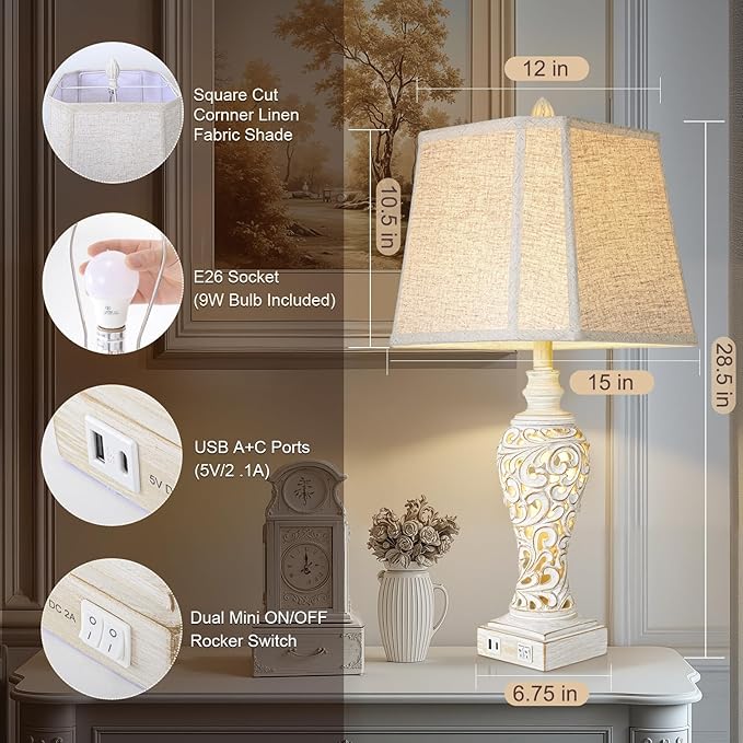 Vintage Table Lamps Set of 2, 28.5'' High Bedside Lamps with Fabric Shade, Farmhouse Nightstand Lamps with USB A+C Ports and Nightlight - Perfect for Living Room Bedroom Office Study (Bulb Included)