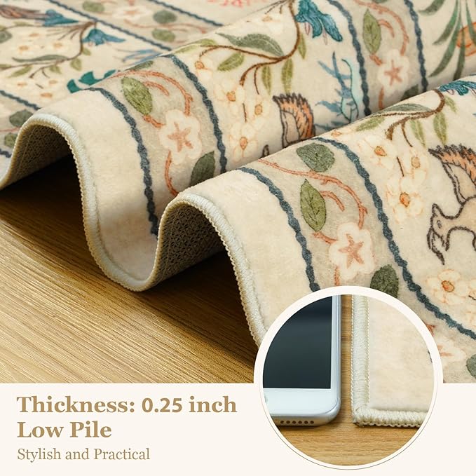 OJIA 8x10 Area Rugs for Living Room Bedroom Large Washable Rugs, Thin Boho Beige Nursery Rug Non-Shedding Kids Playroom Rug Floral Stain Resistant Large Carpet Accent Rugs for Dining Farmhouse