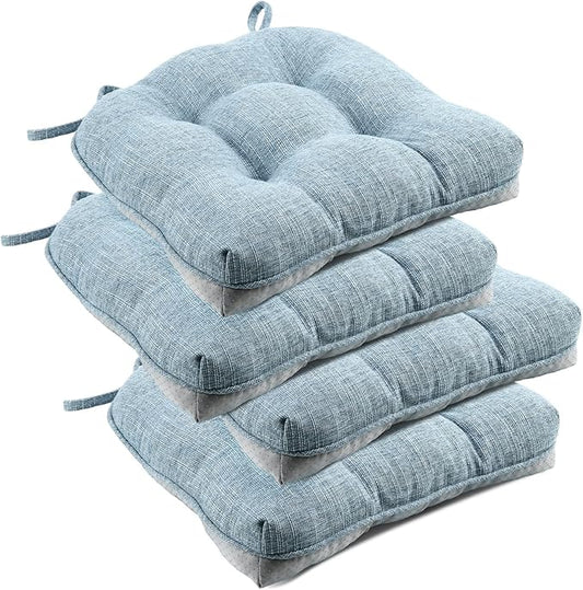 downluxe Indoor Chair Cushions for Dining Chairs, Tufted Overstuffed Textured Foam Kitchen Chair Pads with Ties and Non-Slip Backing, 15.5" x 15.5" x 4", Light Blue, 4 Pack