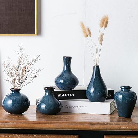 Blue Bud Vase Set of 5 – Small Ceramic Vases for Modern Boho Decor, Mini Pottery Vases for Living Room Fireplace, Centerpiece Table Decorations