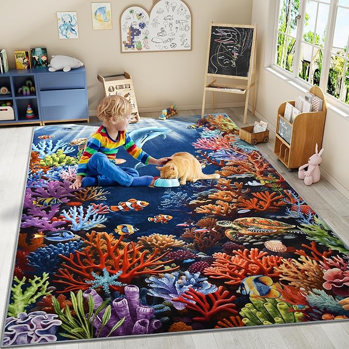 Amearea Soft Kids Rugs for Toddler Bedroom Playroom Classroom, Colorful Sea World 6x9 Area Rug, Non-Slip Washable Play Mat Nursery Rug, Fish Coral Reef Ocean Theme Carpet for Boy Girl Room Decor, Blue