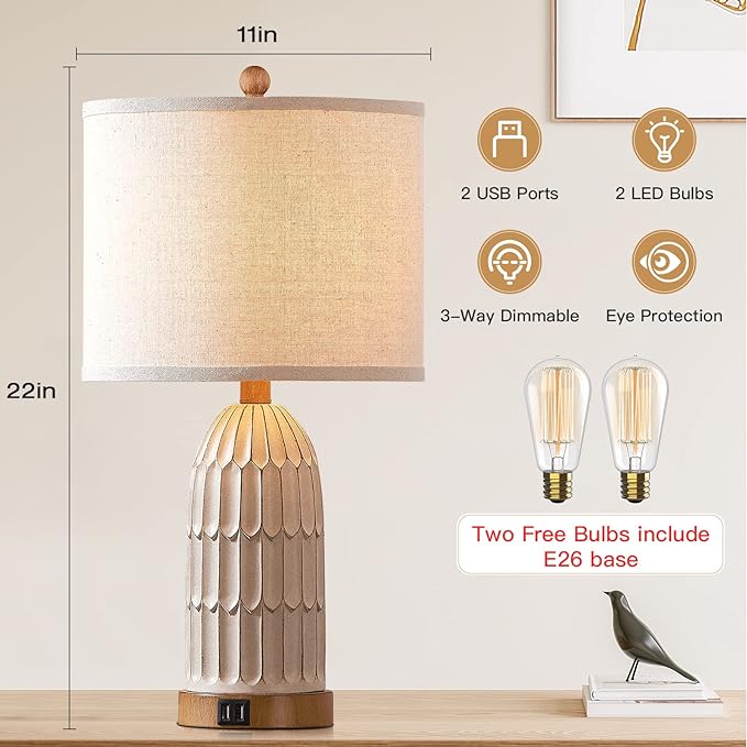 Boho Table Lamps Set of 2, Farmhouse 3-Way Dimmable Touch Nightstand Lamp with 2 USB Charging Ports, White Vintage Bedside Lamp for Bedroom Living Room End Table (Bulbs Included)