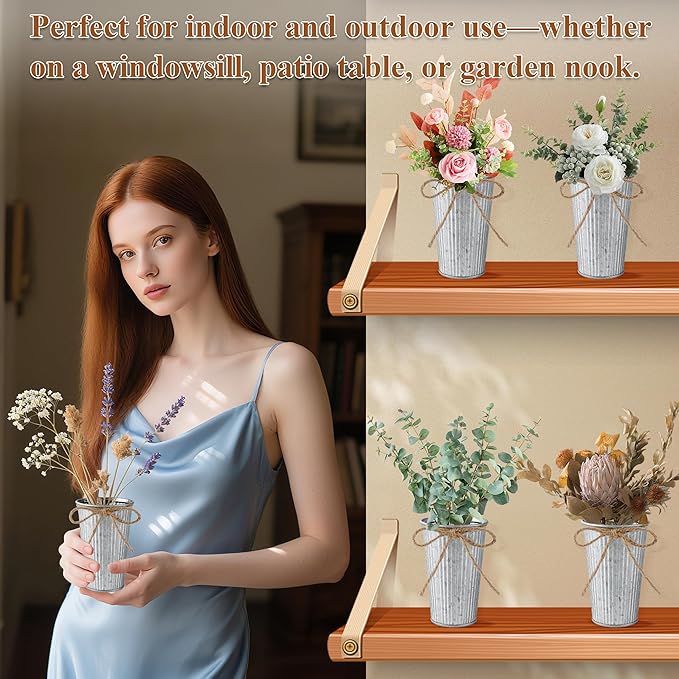 24Pcs Small Galvanized Metal Vases for Centerpieces, Flower Buckets with Twine Bow, 4 Inch Artificial Floral Vase in Bulk Rustic Home Decor, Silver