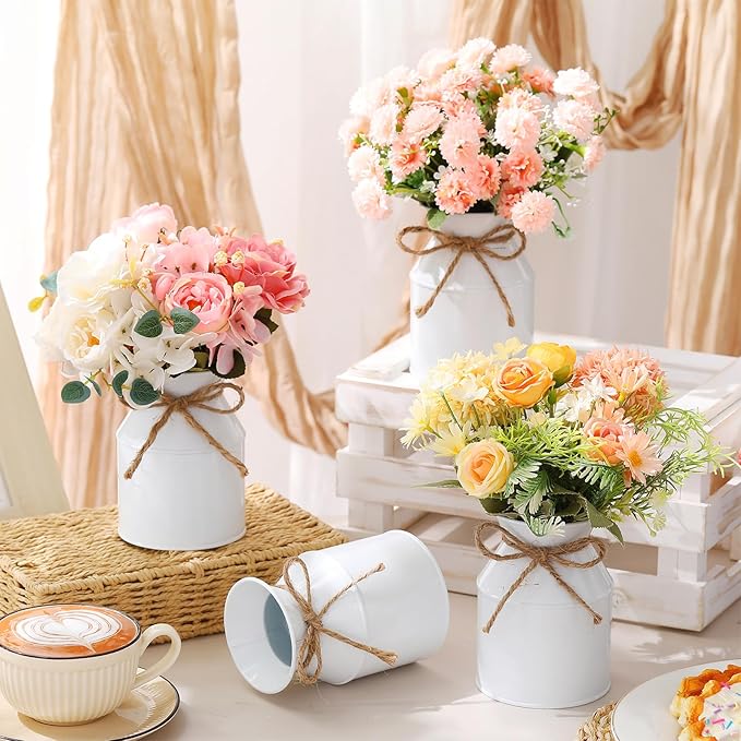 Domensi 5.12 Inch Farmhouse Metal Flower Vase Decor Rustic Galvanized Milk Can Jug Vase with Bow Flower Buckets for Table Centerpiece Fall Halloween Wedding Home Dinging Room Decor(White,12 Pcs)