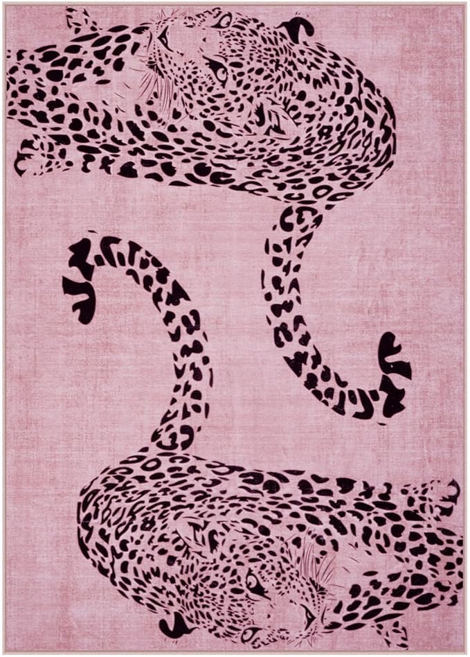 OJIA Leopard Print 5x7 Area Rugs for Living Room, Soft Washable Rugs for Bedroom Ultra-Thin Non-Slip Moden Pink Rug, Stain Resistant Nursery Rug Carpet for Kids Playroom Classroom Dining Room