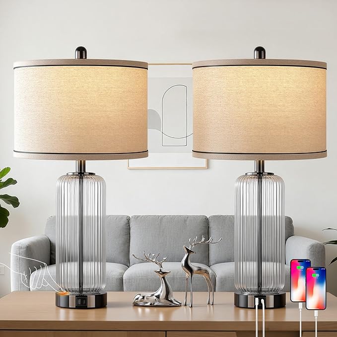 WIHTU Table Lamps Set of 2 with Vertical Grained Glass, 3-Way Dimmable Nightstand Lamp with Touch Control, 27" Modern Glass Bedside Lamps with USB A+C Ports, Glossy Black Desk Lamp for Bedroom