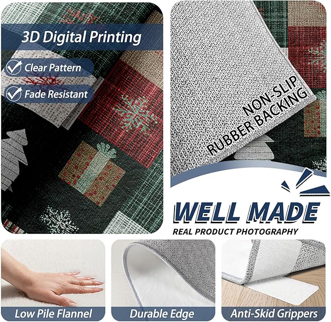 Christmas Area Rug, 6x9 Rug for Bedroom, Xmas Tree Snowflake Patchwork Plaid Washable Rugs for Living Room, Non Slip Soft Low Pile Stain Resistant Carpet, Christmas Room Decor