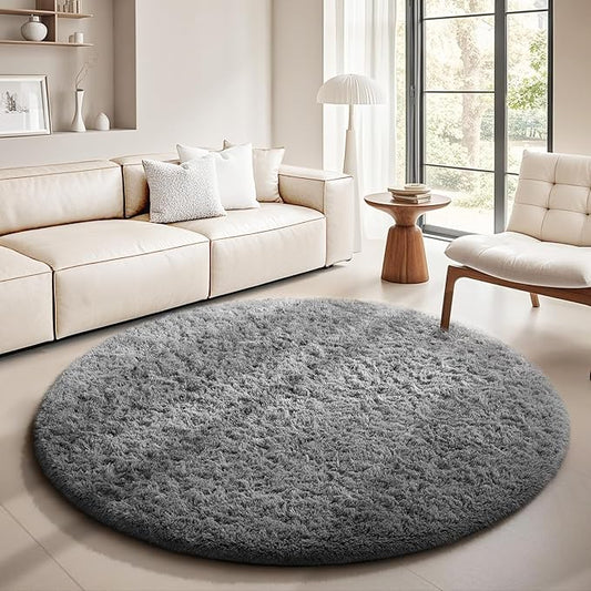 Ophanie Round Rugs 5Ft Grey Circle Area Rug, Fluffy Fuzzy Bedroom Carpet, Plush Soft Shaggy Indoor Floor Gray Living Room Rugs for Kids Home Decor Aesthetic, Nursery