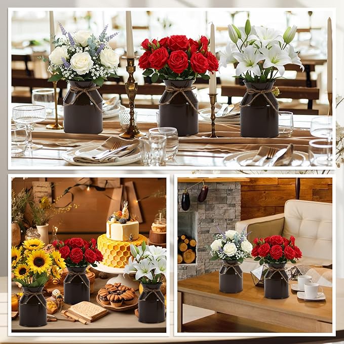 Domensi 5.12 Inch Farmhouse Metal Flower Vase Decor Rustic Galvanized Milk Can Jug Vase with Bow Flower Buckets for Table Centerpiece Fall Halloween Wedding Home Dinging Room Decor(Brown,6 Pcs)