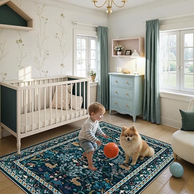 OJIA Living Room Rug 5x7 Area Rug, Soft Washable Rugs for Bedroom Ultra-Thin Non-Slip Floral Animal Print Carpet Stain Resistant Nursery Rug for Kids Playroom Classroom Dining Room, Blue