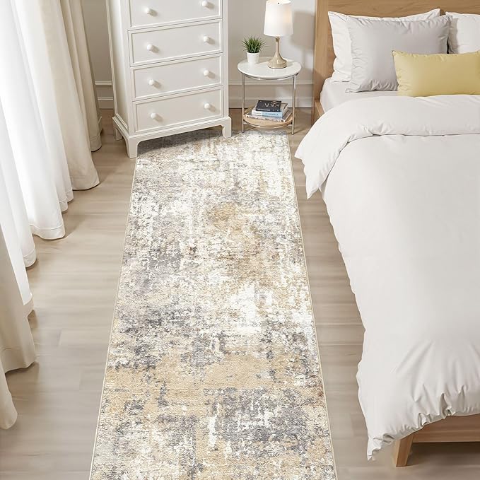 Runner Rug Kitchen Washable Rugs: 3x8 Non-Slip Abstract Soft Modern Stain Resistant Indoor Floor Neutral Accent Throw Carpet for Hallway Bathroom Laundry Room Entryway Bedroom- Gray Gold