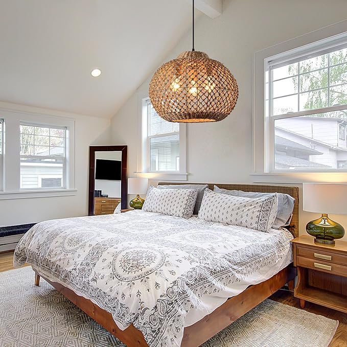 1-Pack 16.94” Rattan Pendant Light Fixture,3-Light Bohemian Handmade Woven Bamboo Rattan Ceiling Suspension Farmhouse Pendant for Kitchen Island Bedroom Living Room